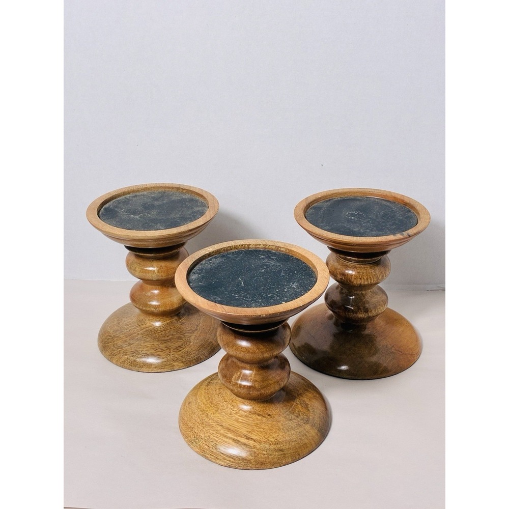 Pottery Barn Wooden Candlesticks Lot Of 3 Brown 6" Tall Round Pillar Farmhouse